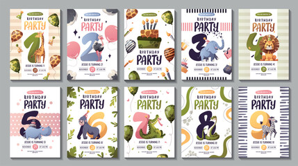 Birthday invitation set with cute jungle animals and numbers. Crocodile, lion, gorilla, elephant, giraffe, zebra, hippopotamus, ostrich, snake. 1-9 years old. Vector illustration.