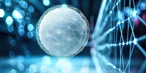 A futuristic, digital representation of a sphere surrounded by a network of lines, set against a backdrop of soft blue lights.