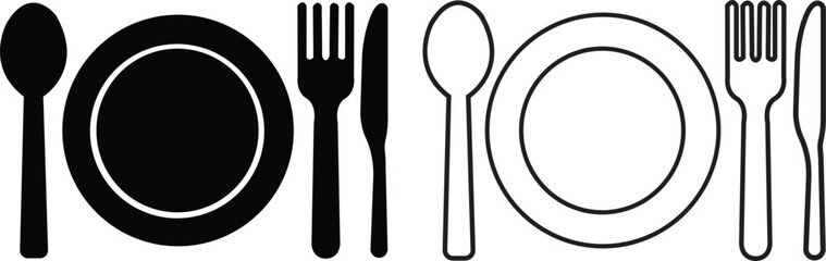 Fork, knife, spoon and plate icons set. Dining essential vectors. Crockery symbols. Tableware instrument. Cutlery flat, outline style for food and restaurant themes isolated on transparent background.