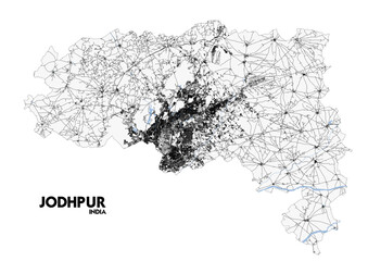 Detailed black and white map of Jodhpur, India featuring highways, buildings, and waterways. Ideal for urban planning, navigation, and cultural tourism projects