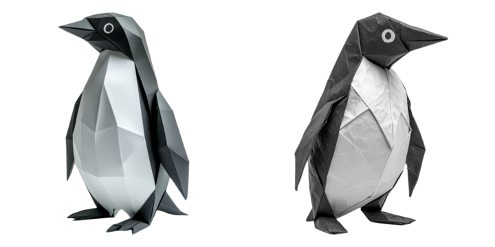 Stylized origami penguins in black and white tones isolated on transparent background perfect for winter, polar, and animal-themed artwork