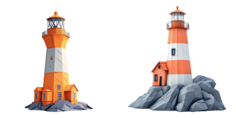 Vibrant red and white lighthouses on rocky bases isolated on transparent background perfect for nautical, coastal, and safety-themed designs