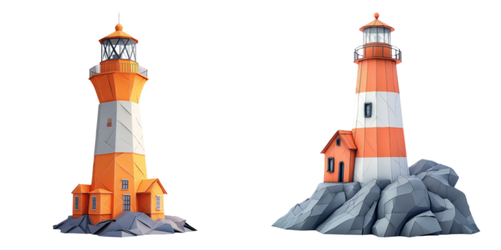 Vibrant red and white lighthouses on rocky bases isolated on transparent background perfect for nautical, coastal, and safety-themed designs