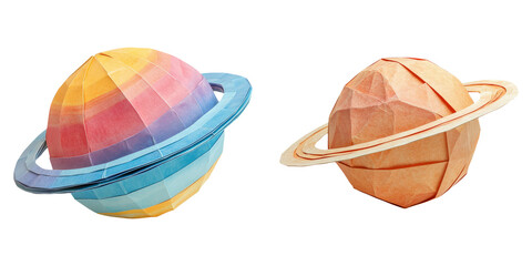Low-poly pastel planets with rings in 3D style isolated on transparent background perfect for space, astronomy, or educational graphics