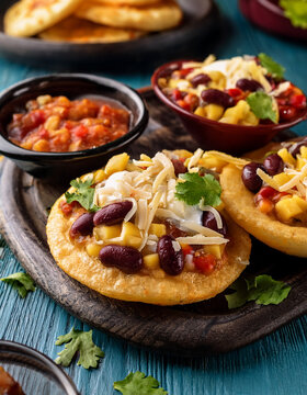 Golden and crispy sopas (small thick tortillas) are topped with various savory ingredients like beans, cheese, and salsa.