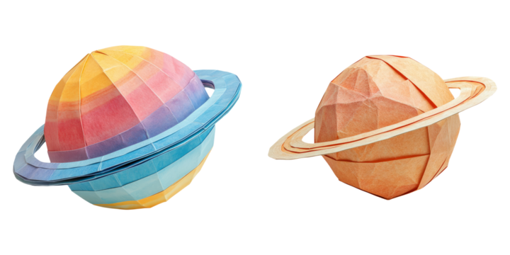 Low-poly pastel planets with rings in 3D style isolated on transparent background perfect for space, astronomy, or educational graphics - Powered by Adobe