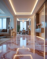 High-End Interior Decor with Glossy Marble and Soft Light