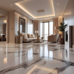 Stylish Living Room with Layered Lighting and Italian Marble Tiles