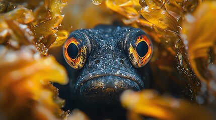 Macro shot of a duck camouflaged among green seaweed in a serene aquatic environment
