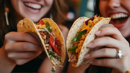 Two women are smiling and holding delicious tacos at a vibrant summer street food market, enjoying the festival vibes and urban picnic atmosphere
