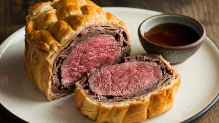 Obraz premium Sliced Beef Wellington, a gourmet appetizer.