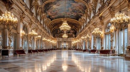 Obraz premium Grand opulent hall with ornate chandeliers and elegant furnishings