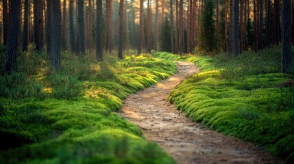Fototapeta premium Sunlit Path Through a Lush Green Forest