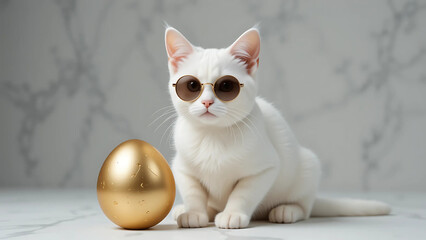 Elegant White Cat with Golden Egg