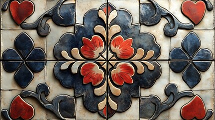 Decorative patchwork tile design influenced by Andalusian architectural heritage, combining floral accents and hearts with geometric shapes in red and blue.