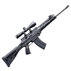 Modern firearm with attached scope displayed on a neutral background in a well-lit indoor setting