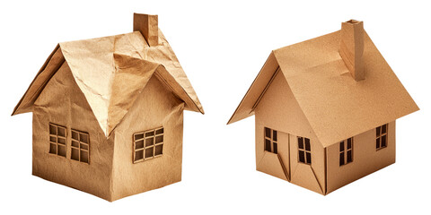 Two cardboard houses in folded paper style isolated on transparent background perfect for architecture, home design, and eco-craft concepts