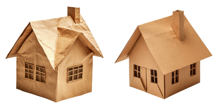 Two cardboard houses in folded paper style isolated on transparent background perfect for architecture, home design, and eco-craft concepts