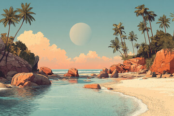 Scenic Tropical Beach with Palm Trees Under a Distant Moonlit Sky

