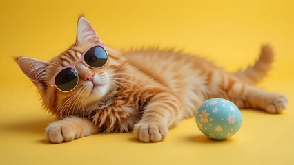 Lazy Cat Laying on Yellow Floor with Easter Egg