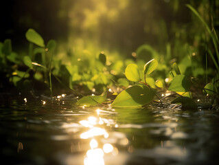 Close-up of green leaves over a clear stream, afternoon sunlight