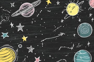 Cartoon universe scene on green chalkboard with doodle planets and stars, simple flat vector art for school education or kids book cover, ample space for text overlay.