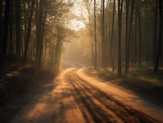 Obraz premium dirt road with fresh tire tracks curving through dense forest