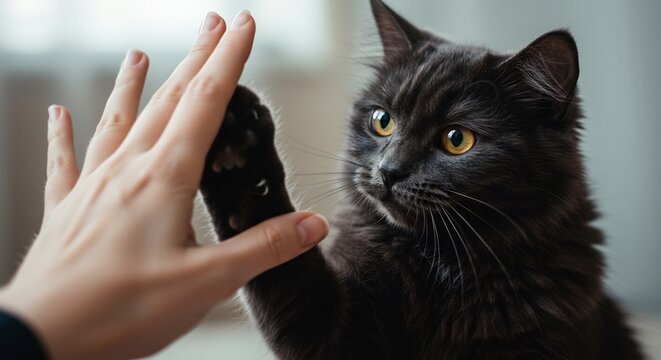 A cat high-fiving a human hand, creating a moment of playful interaction
