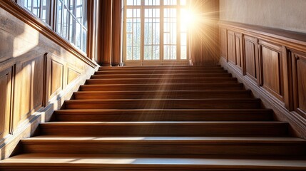 Obraz premium Sunlight Streaming Through Window onto Wooden Staircase in Hallway