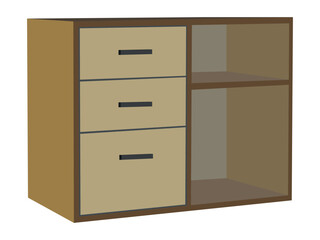 A brown wooden cabinet with three drawers and a shelf