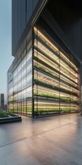 Futuristic high-rise greenhouse glowing at dusk in an urban cityscape
