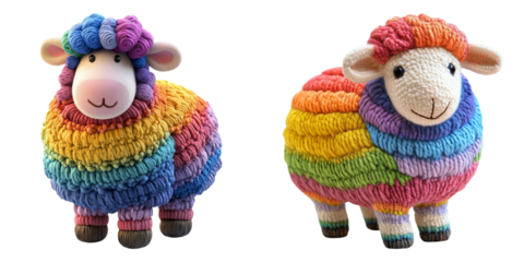 Colorful knitted rainbow sheep characters isolated on transparent background perfect for children designs, mascots, and craft visuals