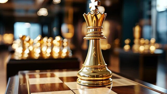 Close-Up of Golden Chess Piece on Board with Soft Focus Background