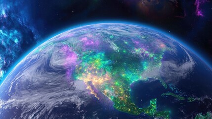 Fototapeta premium Vibrant Earth View with Colorful Lights and Starry Sky Overview