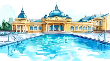 Obraz premium Szechenyi Thermal Bath. Szechenyi Thermal Bath hand drawn watercolor illustration