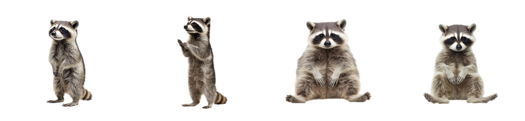Obraz premium Raccoons in various poses isolated on black background, cut out transparent