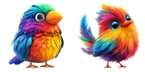 Colorful cartoon birds with rainbow feathers isolated on transparent background perfect for tropical themes, children media, and fantasy art