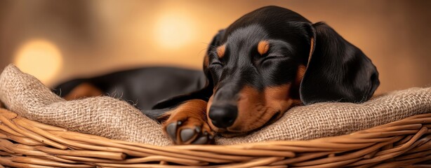 A peaceful sleeping dog in a cozy basket.