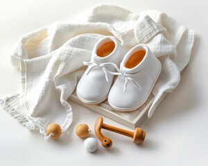 Adorable baby shoes on soft blanket for children.