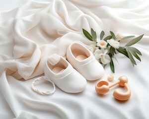 Elegant baby shoes and floral arrangement.