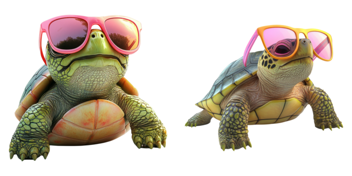 Turtle characters wearing pink sunglasses isolated on transparent background perfect for beach, vacation, or children character visuals