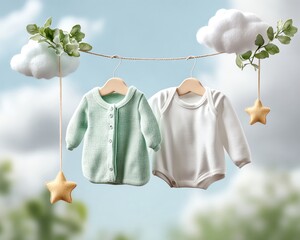 Adorable baby clothing hanging with clouds.