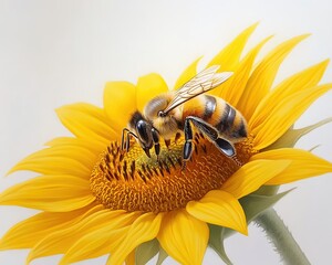 Honey bee on sunflower in close-up, macro honey bee collecting pollen on sunflower, detailed honey bee on bright yellow sunflower for nature themes, Bee on a vibrant sunflower in bloom.