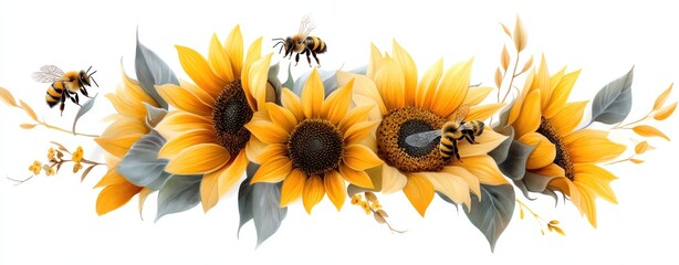 Vibrant sunflowers with bees in a floral display.