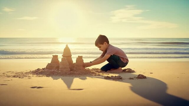 The boy carefully builds a sandcastle, his hands shaping towers beneath the golden afternoon sunlight.
