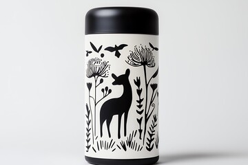 Fototapeta premium Black and White Deer and Floral Illustration on Cylindrical Container