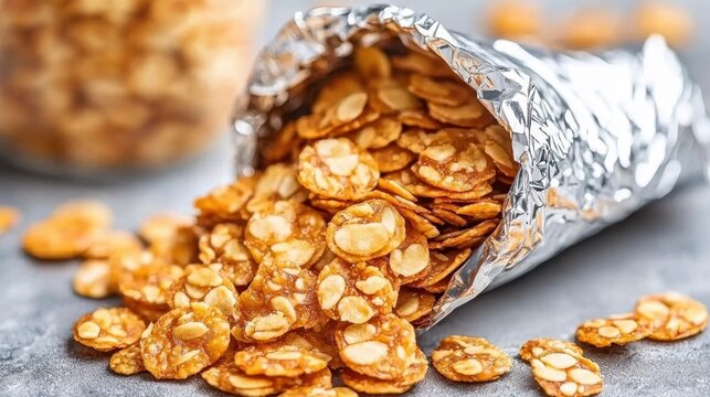 Cinematic view of foil-lined bag of homemade grano grano cookies being unzipped to reveal delicious baked goodies