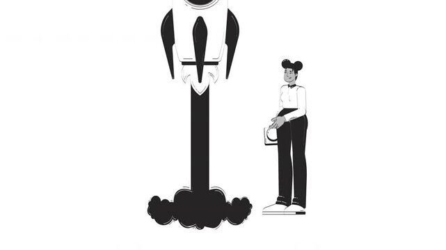 Female entrepreneur launching MVP startup rocket hand drawn whiteboard sketch animation. Start-up founder pressing button minimum viable product animated handdrawn concept pencil drawing 4K video