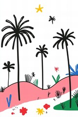 Colorful tropical landscape with stylized palm trees and vibrant abstract elements
