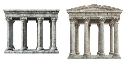 Ancient Greek and Roman-style temple ruins with stone columns isolated on transparent background perfect for mythology, classical architecture, and history concepts